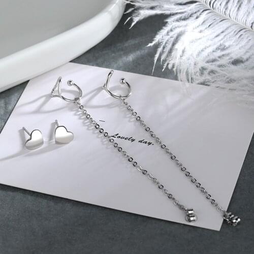 A Girl' 1pcs Temperament Heart Shaped Ear Cuff Clip Chain Tassel Clip On Earrings For Women Silver Color Korean Jewelry
