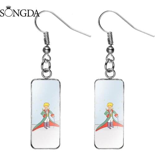The Little Prince Fish Hook Earrings Fox Rose Planet Art Photo Glass Rectangle Drop Earrings For Kids Gift Decorative Jewelry