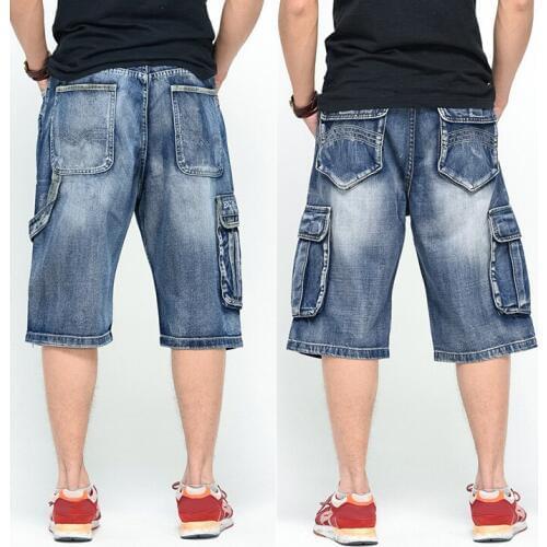 Muiti Pocket Knee Length Denim Shorts For Men Summer Hip Hop Dance Loose Fit Man Baggy Cargo Jean Shorts Big Size
