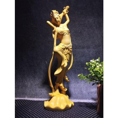 Flying pipa beauty solid wood statue Traditional handmade delicate carving High-end home decoration accessories free delivery