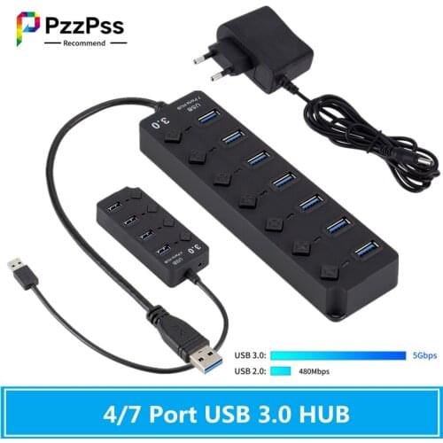 PzzPss USB 3.0 Hub USB Hub 3.0 Multi USB Splitter Use Power Adapter 4/7 Port Multiple Expander 3.0 USB Hub with Switch for PC