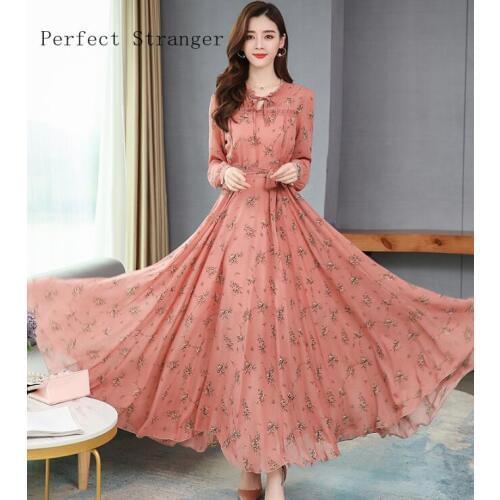 High Quality 2021 Spring New Arrival Bohemian Style Round Collar Flower Printed Woman Chiffon Long Dress Plus SIze S-4XL