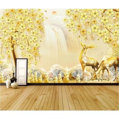 WDBH Custom photo mural 3d wallpaper Chinese golden tree deer tv background home decor 3d wall murals wallpaper for living room
