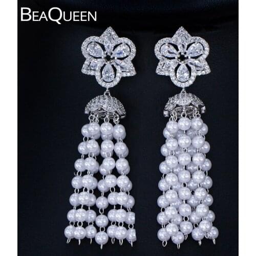 BeaQueen Vintage Long Tassel Drop Handmade White Pearl Hanging Earrings Cubic Zircon Crystal Wedding Jewelry for Women E210