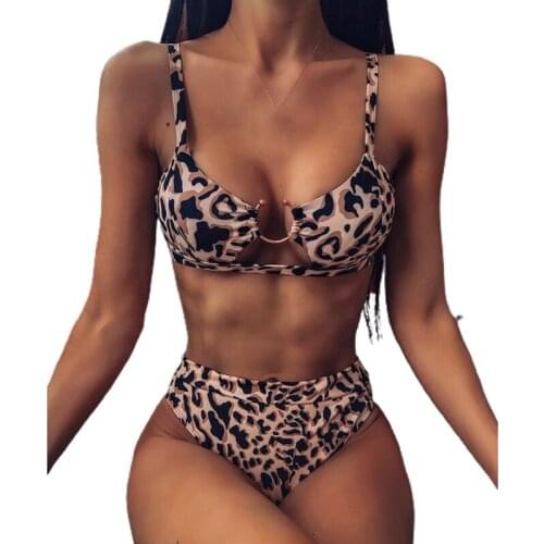 Women Sexy 2pcs Snakeskin Leopard Print Bikini Set U-Shaped Metal Wire Swimsuit