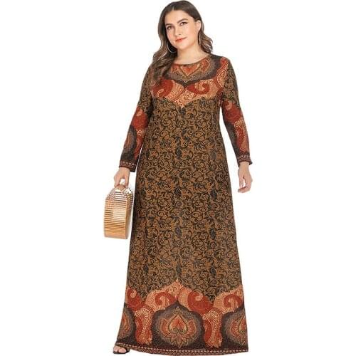 Winter Women Long Sleeve Dress Plus Size 5xl Golden Retro Printing Vintage Dress Loose Oversized Ladies Tunic Maxi Long Dresses