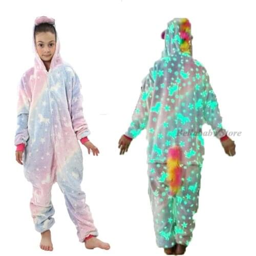 Winter Jumpsuit Kids Kigurumi Anime Pijama Panda Bunny Dinosaur Costume Glow In Dark Pajama Boy Girl Sleepwear One Piece Hooded