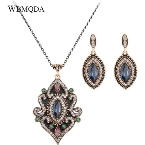 2 Pcs/lot Ethnic Turkish Jewelry Sets For Women Vintage Antique Gold Color Blue Stone Crystal Earrings Necklace