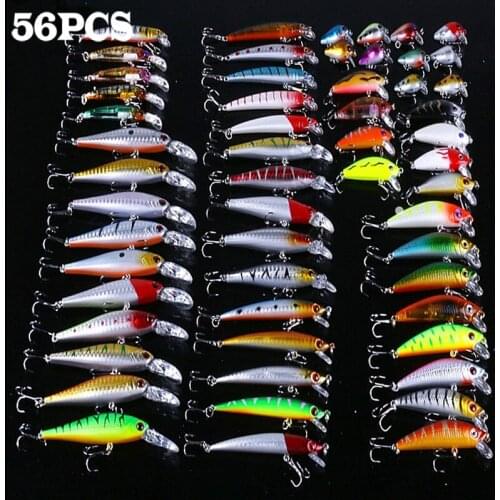 56PCS Mixed Minnow Fishing Lures Bass Artificial Baits Crankbaits Treble Fish Hooks Tackle Saltwater Fishing Outdoor Sports