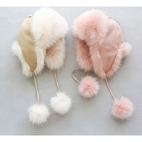 2-10 Years Fashion Winter Kids Hat Pu Leather Big Ball Fur Plush Windproof Hat for Children Boys Girls Warm Skiing Hat