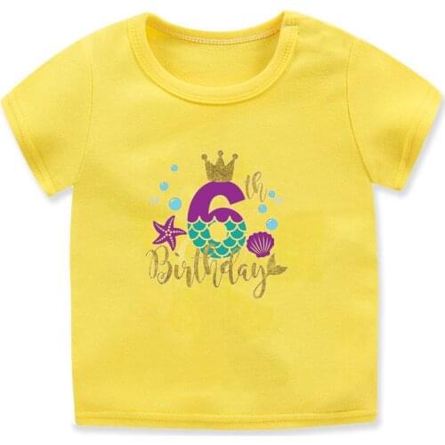 Newly boys t-shirt 6th birthday costume tops funny kids tshirt summer casual boys t shirt yellow short sleeve tops wholesale