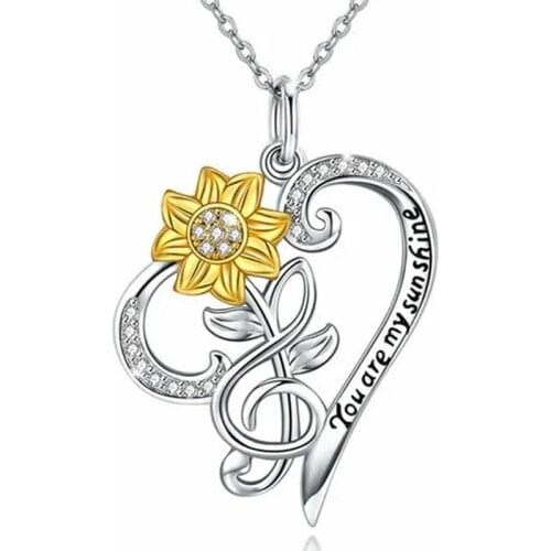 Hot Sale Golden Sunflower Heart Shaped Carved Words Rhinestone Crystal Pendant Neckace for Women Party Jewelry