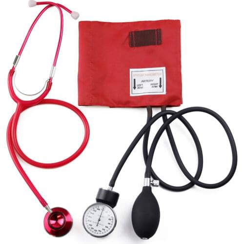 Classic Red Medical Blood Pressure Monitor BP Cuff Tonometer Arm Aneroid Sphygmomanometer with Cute Stethoscope