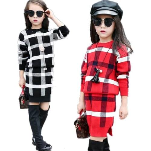 Girls Clothing set 2021 Spring Girls Clothes Long Sleeve Plaid Knitted Sweater Skirt Suit Children Costume Kids Tracksuit 10 12Y