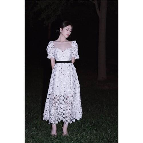 Boho Ivory Guipure Lace Frill Maxi Dress Puffy Floral Plumetis Eyelet Panel Long Elastic Square Collar High-Waist Textured Gown