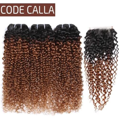 Code Calla Remy Kinky Curly Bundles with Lace Closure Ombre Brazilian Human Hair 3 Bundles with Closure Auburn Hair Extensions