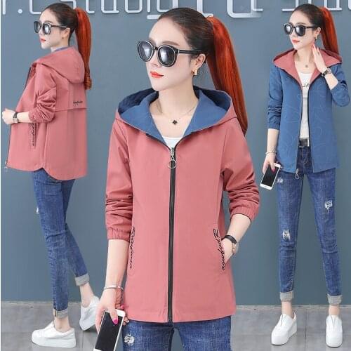 2021 New Autumn Women Jacket Long Sleeve Hooded Windbreaker Female Jackets Two Side Wear Cartoon Print Outwear Plus Size 3XL