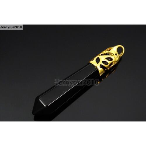 Natural Black Onyx Gems Stones Long Hexagonal Pointed Reiki Chakra Gold Pendant Beads Necklace Jewelry 10Pcs/Pack