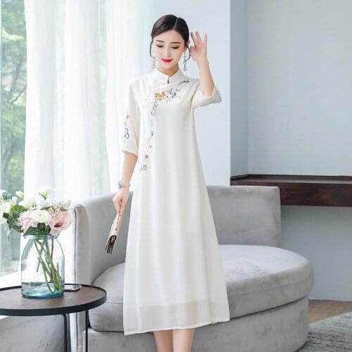 Summer New Womens Retro Chinese Style National Style Embroidered Short Sleeve Cheongsam Long Dress
