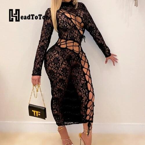 Solid Lace Hallow Out Eyelet Sexy Club Woman Dress Full Sleeve Round Neck Mid-calf Skinny Pleated Dresses for Women