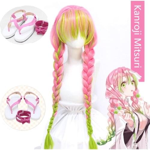Demon Slayer Kanroji Mitsuri Cosplay Wig Kimetsu No Yaiba shoes Costume Long Pink Mixed Green Braid Party Hair + Free Wig Cap