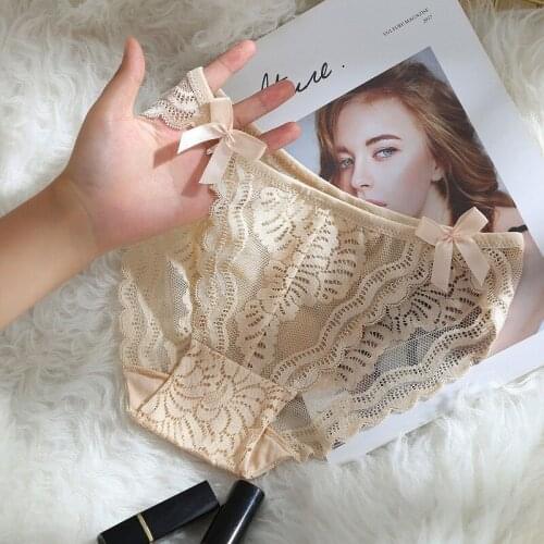 Sexy lace cotton crotch womens underwear womens waist breathable ice silk gauze transparent hollow seamless ultra-thin pants