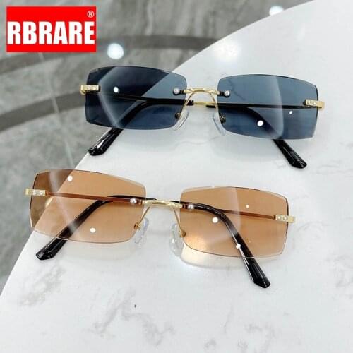 RBRARE Small Frame Sunglasses Women Metal Rimless Sunglasses Women Gradient Mirror Shades for Women Vintage Gafas De Sol Mujer