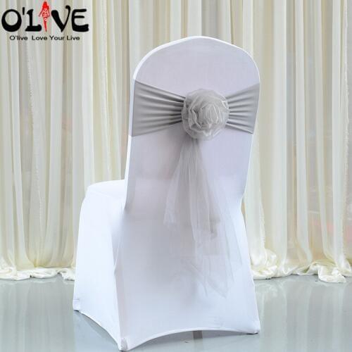 Organza Flower Wedding Chair Knots Bow Lycra Chair Sashes Tie Wedding Chair Decoration Belt Band Cover Banquet Venue Hotel