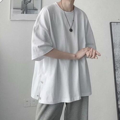 Spring Summer Vacation Mens T Shirts High Quality Retro T Shirt Simple Solid Color White Tee Breathable Cotton Button Decoration