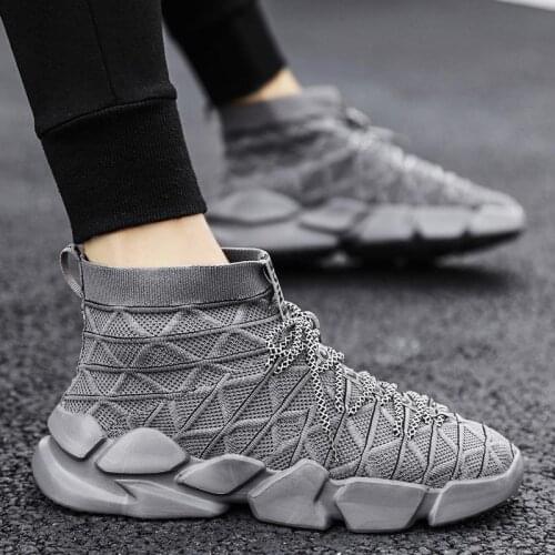 Hightop Summer Sock Sneakers Mens Sport Shoes Sports Man Shoes Running Gray Knit Tennis Trainers Kids Athletic Brand Boty B-861