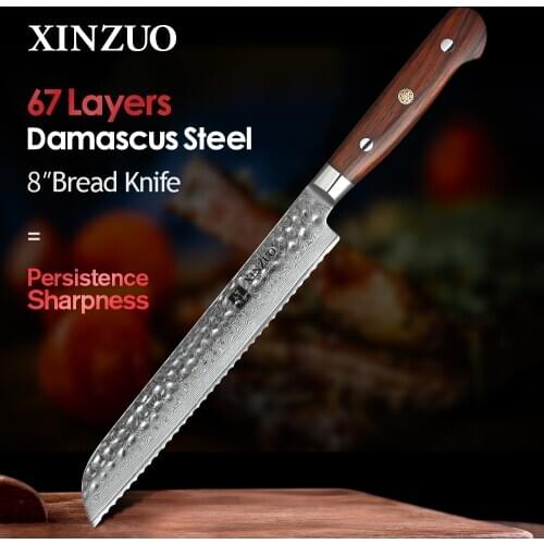 XINZUO 8'' Bread Knife Damascus Stainless Steel Kitchen Knives Top Quality Meat Knife Sharp Blade Effort-Saving Handle Knives