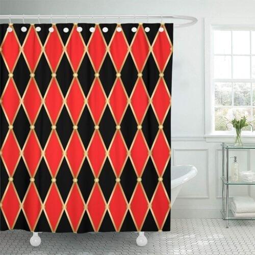Fabric Shower Curtain with Hooks Abstract Harlequin Patterns Golden Grid with Red and Black Rhomboids Argyle Carnival