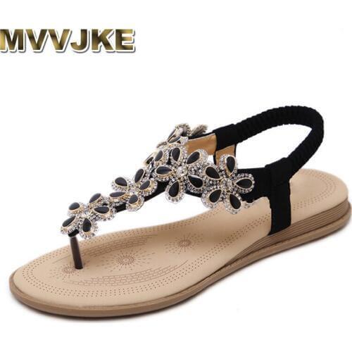 MVVJKE Bohemian Ethnic Elegant Women Crystal Flower Thong Ankle Strap Sandals Summer Beach Shoes Woman Flat Heel Plus Size