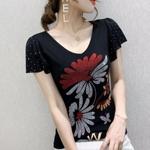 2021 New Summer European Clothes Mesh T-Shirt Fashion Sexy V-Neck Shiny Diamonds Women Tops Short Sleeve Ruffles Tees Blusas