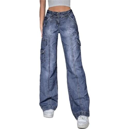 Xingqing Streetwear Cargo Pants Baggy Mom Jeans Woman High Waist Wide Leg Pants Vintage Aesthetic 90s Korean Denim Trousers