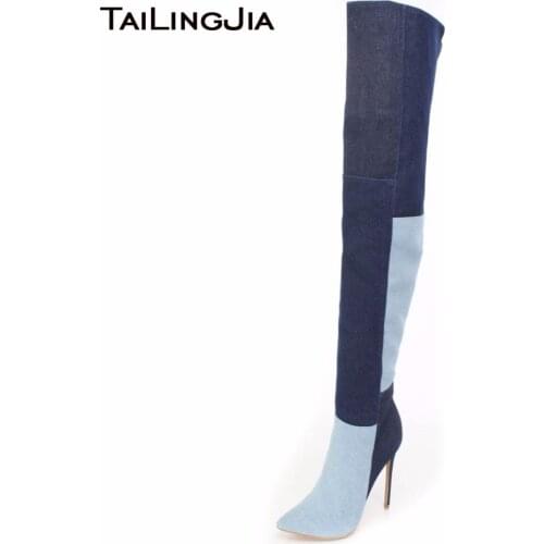 Woman Mixed Colors Over Knee Boots With Zipper Ladies Long Boots High Heel Denim Fabric Ladies Winter Keep Warm Pointed Toe Boot