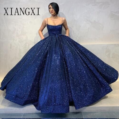 Vestidos Navy Blue Eveing Dress 2020 Shinning Spaghetti Strap Evening Dresses Long Formal Prom Dress Formal Gowns Vestidos