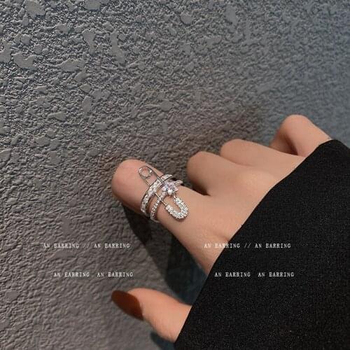 2021 Trendy Cubic Zircon Double Layers Safety Pin Rings Female Fashion Opening Adjustable Index Finger Ring Temperament Jewelry