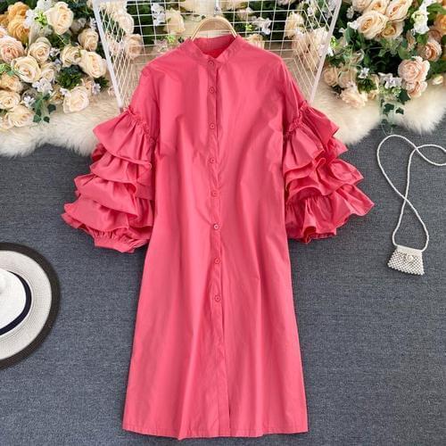 Chic Butterfly Sleeve Shirt Dress Autumn Stand Collar Single Breasted Dresses Women Casual Simple Fashion Femme Vestidos