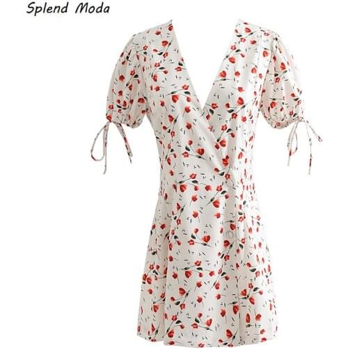 Splend Moda 2021 Summer Prairie Chic Sweet Floral Print Puff Sleeve One-Piece Button V-Neck Lace-Up Puff Sleeve Dress Women