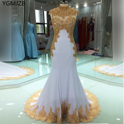 Elegant Gold Embroidery Muslim Evening Dresses Long 2020 Mermaid High Neck Beads Crystal White Women Formal Party Prom Gowns