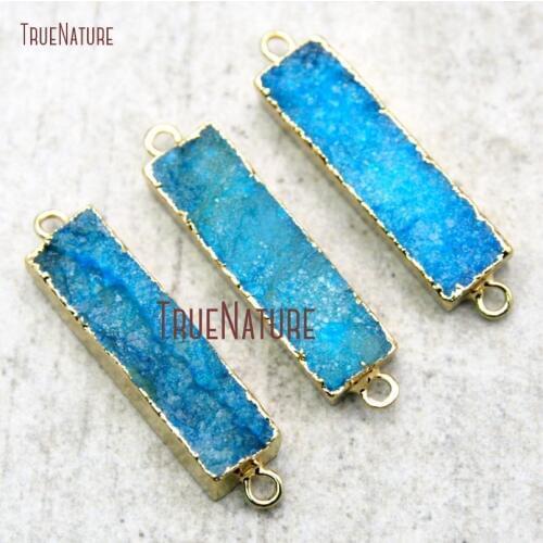 10Pcs New Realease Blue Druzy Crystal Connector Gold Plating Oblong Shape Double Bail Pendant 38x9mm PC14976