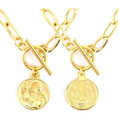 100% Stainless Steel Saint Benedict Medal Coin Toggle Necklaces Gold/Silver Color Metal San Benito Heavy Duty Chain Choker