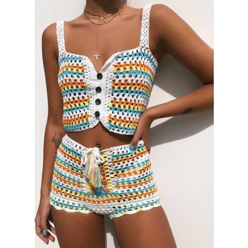 2021 New Multi Striped Handmade Crochet Women 2 Piece Set Summer Beach Crop Top and Shorts Vintage Lace Up Romer Beachwear