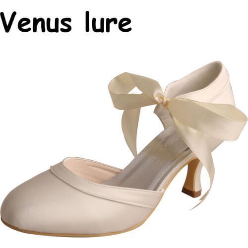 23 Colors Bridal Dress and Shoes Lace up Mary Jane Off white Satin