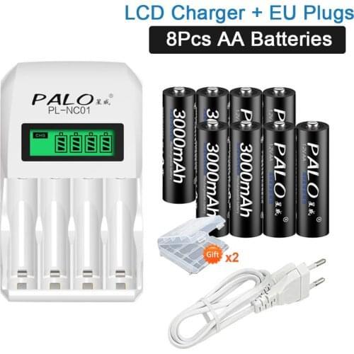 PALO Smart LCD Charger for 1.2V AA AAA Nimh Nicd Battery + 8pcs 1.2V AA 3000mah NiMh Rechargeable Battery for Toy Car