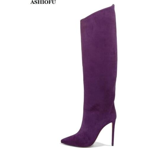 ASHIOFU New Hot Style Handmade Womens High Heel Boots Night-club Party Prom Knee Boots Sexy Evening Shinny Fashion Boots Shoes