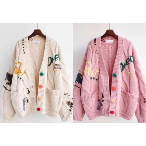 2021 Autumn Winter Women Cardigan Warm Knitted Sweater Jacket Pocket Embroidery Fashion Knit Cardigans Coat Lady Loose Sweaters