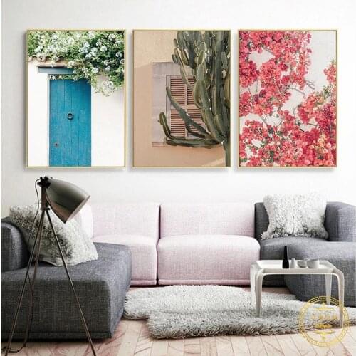 Scandinavian Spring Landscape Canvas Painting Flower Bougainvillea Cactus Poster Wall Art Picture for Modern Home Interior Decor