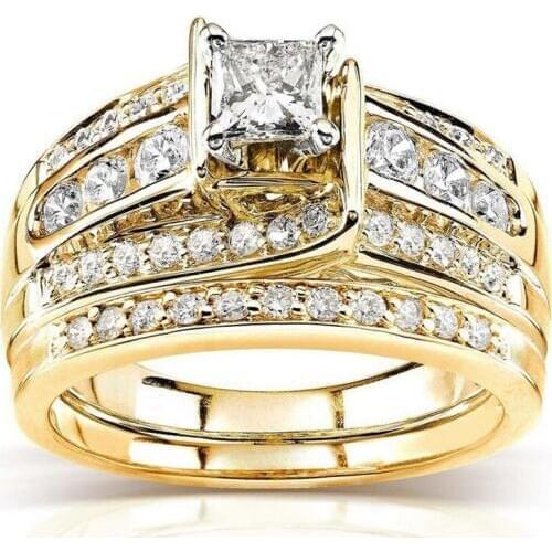 Size 6-10 Luxury Jewelry 925 Sterling Silver&Gold Fill Princess Cut White 55A Cubic Zirconia Women Wedding Bridal Ring Set Gift